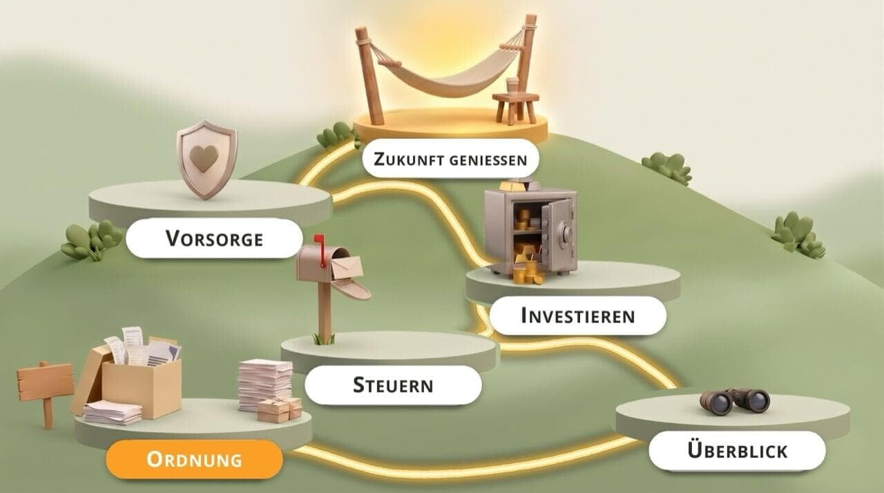 Weg über sechs Bereiche von Ordnung bis Zukunft genießen